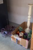 An Amethyst glass 5 arm chandelier & A box of tea light holders