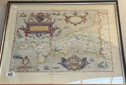 A vintage framed Saxtons map of Cornwall 1576, Printed by Taylowe limited 1960