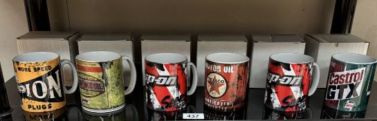 6 Petroliana themed mugs including Snap-on, Castrol & Champion spark plugs