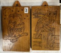 2 Carved wood owl plaques on oak by A.H.Maddison