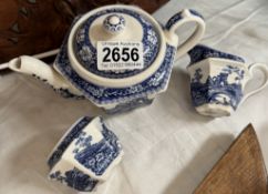 A James Sadler blue & white teapot, jug and sugar bowl