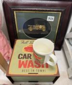 A 1911 Prince Henry Vauxhall steam punk picture made from watch parts & A car wash mug in box.
