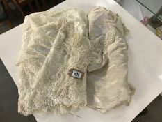 Cream silk fabric (vintage) heavy, scalloped guipure lace, cream beaded bodice insert