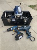 A 900W router, Workzone drill & A Black & Decker heat gun.