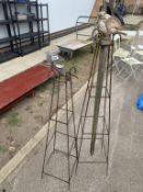 2 Metal garden obelisks & bird figure on post