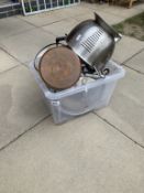 A box of assorted metal pans