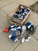 A box of assorted household light bulbs