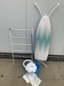 An ironing board, mop with bucket & clothes airer