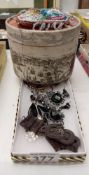 A quantity of costume jewellery, a box & a beaded purse