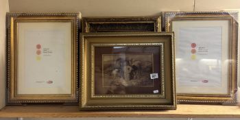 4 gilt picture frames of various sizes, 1 containing a sepia print of a girl with lion & farm