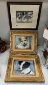 2 Gilt framed oils on canvas of dogs & a print