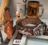 A good Mexican leather belt depicting horses & eagles with buckle & a Kevin Francis pot etc