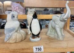 3 Spanish figures including an owl, elephant, penguin & one other bowl