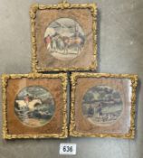 3 Gilt framed round pictures of bygone fox hunting scenes