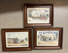 3 Old coloured engravings of coach & horses signed L.A.S Douglas. Frame 22 x 17cm, Image 15 x 10cm