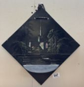 A hand painted lacquered wall shelf inlaid with mother of pearl