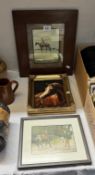 2 Horse prints taken from engravings & A oil on board in gilt frame
