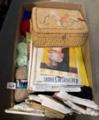 A box of sewing patterns, knitting wool & A sewing box with contents