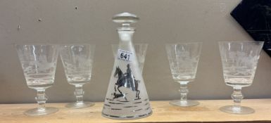 5 Vintage glasses with deep etched fox hunting decoration & a decanter