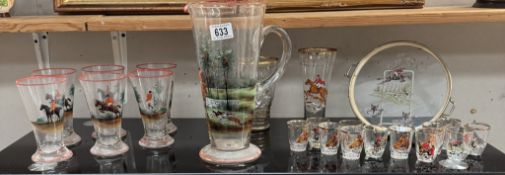 A large vintage water jug & sets of glasses depicting hunting scenes
