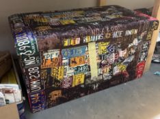 A storage box with American car number plates decoration