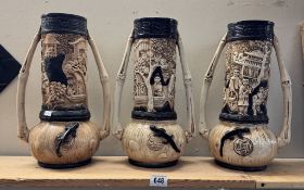 3 Bretby Japanese design vases with applied lizards height 37cm, 1 A/F