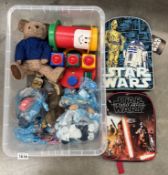 2 Star Wars backpacks & a box of toys