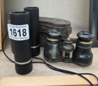 A quantity of caned vintage opera glasses & Opticron 8 x 25 LE field binoculars
