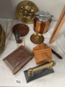 A Victorian brass & iron door stop biscuit barrel, carved wooden cigar box etc