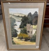 A large watercolour of a church tower beside water in the hillside