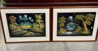 A pair of framed and glazed paintings on felt. COLLECT ONLY.