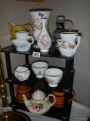 Three shelved of assorted ceramics including shaving mugs, Coalport, Aynsley etc., COLLECT ONLY.