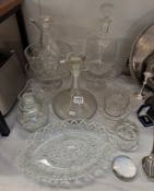 A quantity of glassware including ships, decanter & cake stands etc.