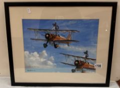 A Ken Rush 2024 wing walkers bi-plane watercolour exhibition, label to rear dated 2014, Â£950