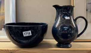 A blue glazed terracotta mixing bowl & a water jug