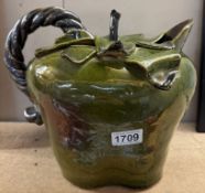 A large green glazed stoneware jug in form of an apple