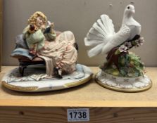A continental ceramic dove lamp base (no fitting) & a seated figurine