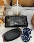 A Tea Lite plate warmer, folding cake stand & cast iron skillet etc