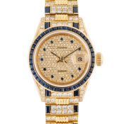 A LADY'S FINE & RARE 18K SOLID GOLD, DIAMOND & SAPPHIRE ROLEX OYSTER PERPETUAL DATEJUST BRACELET
