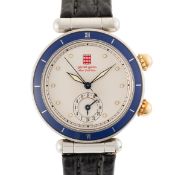 A RARE GENTLEMAN'S SIZE STAINLESS STEEL GERALD GENTA MONTE CARLO DUAL TIME AUTOMATIC WRIST WATCH