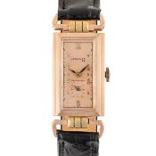 A GENTLEMAN'S SIZE RECTANGULAR 14CT SOLID ROSE & YELLOW GOLD LONGINES WRIST WATCH CIRCA 1940s