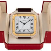 A STAINLESS STEEL & GOLD PLATED CARTIER PARIS SANTOS ALARM DESK CLOCK CIRCA 1980s WITH ORIGINAL