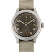A GENTLEMAN'S STAINLESS STEEL BRITISH MILITARY CYMA W.W.W. WRIST WATCH CIRCA 1945, PART OF THE 