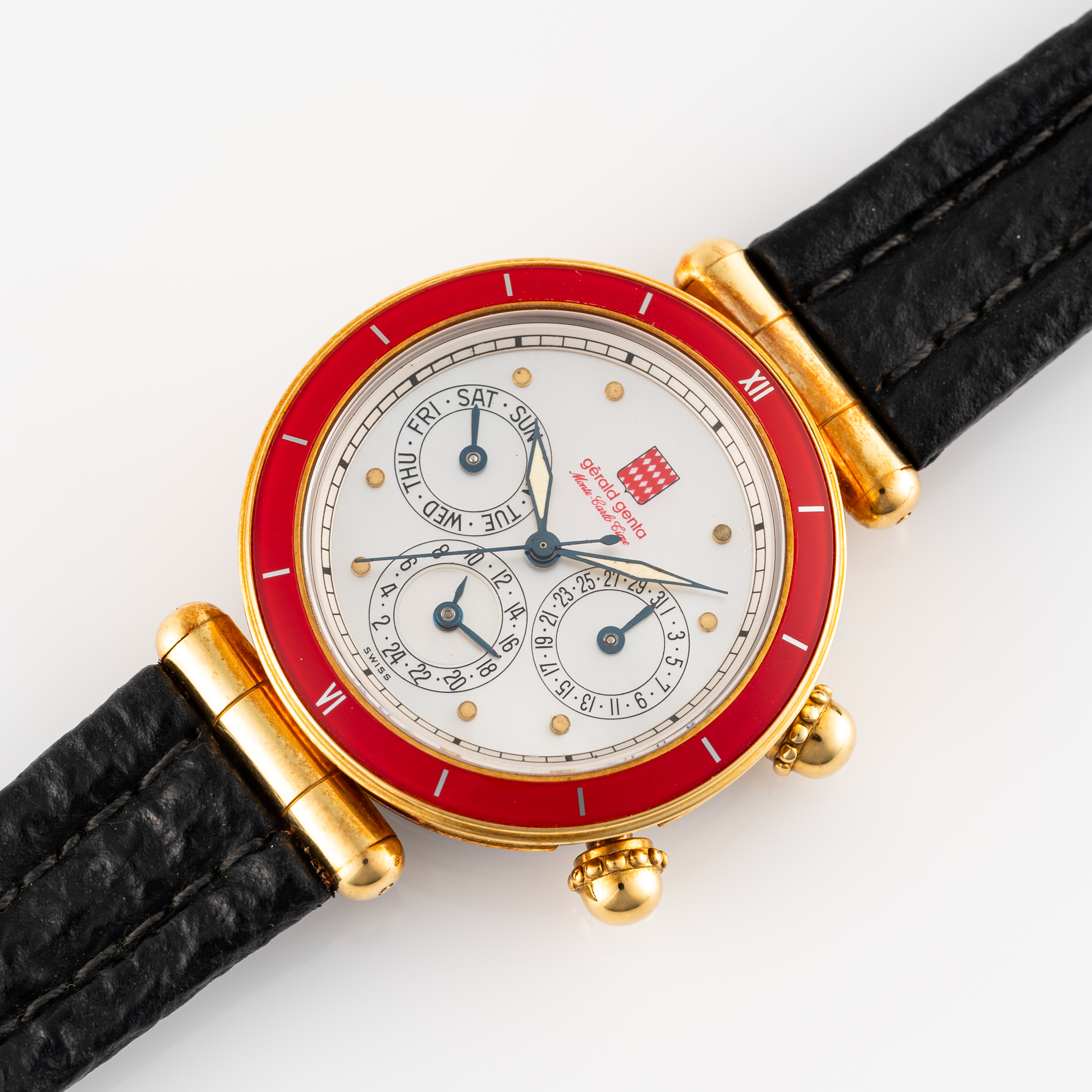 A RARE GENTLEMAN'S SIZE GOLD PLATED GERALD GENTA MONTE CARLO DAY DATE DUAL TIME AUTOMATIC WRIST - Image 3 of 8
