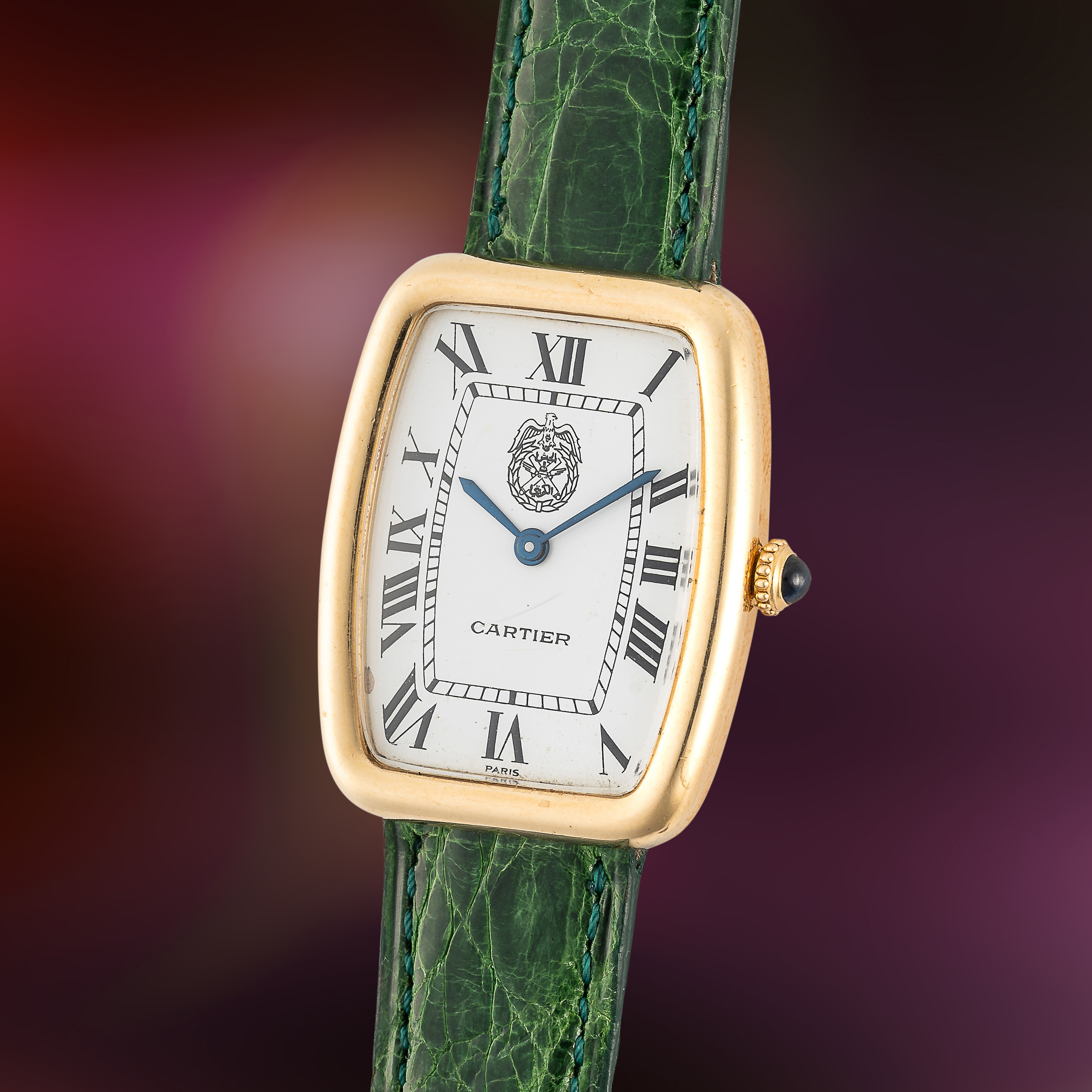 A VERY RARE GENTLEMAN'S SIZE 18K SOLID GOLD CARTIER PARIS FABERGE INCURVEE WRIST WATCH CIRCA