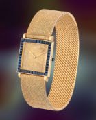 A FINE & RARE GENTLEMAN'S SIZE 18K SOLID GOLD & SAPPHIRE BOUCHERON PARIS CARREE BRACELET WATCH CIRCA