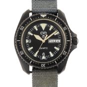 A GENTLEMAN'S PVD COATED BRITISH MILITARY ROYAL NAVY SBS CWC WRIST WATCH DATED 2012 Movement: