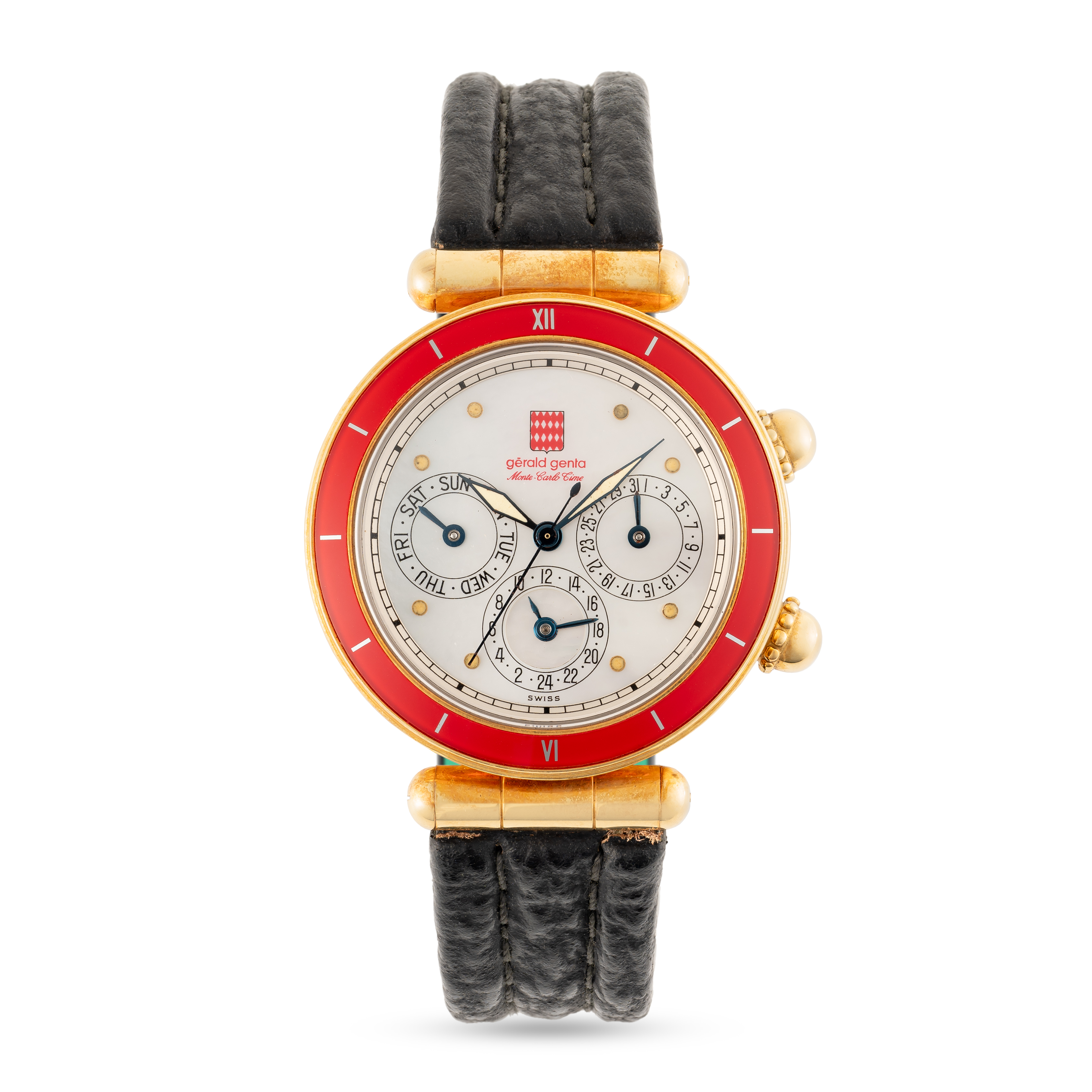 A RARE GENTLEMAN'S SIZE GOLD PLATED GERALD GENTA MONTE CARLO DAY DATE DUAL TIME AUTOMATIC WRIST - Image 2 of 8