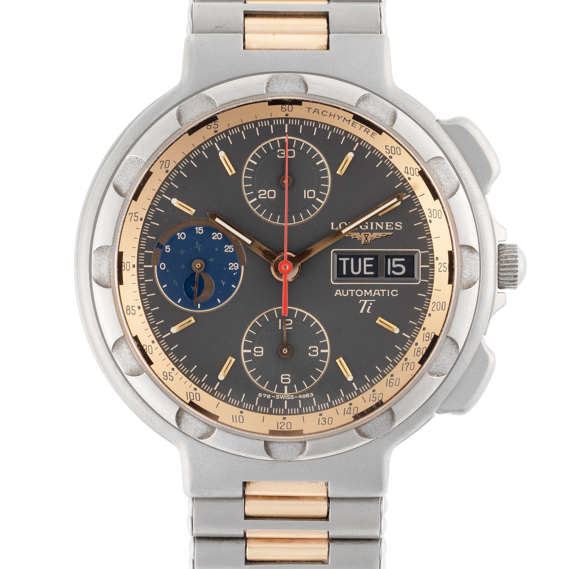 A GENTLEMAN'S SIZE TITANIUM & ROSE GOLD LONGINES CONQUEST TI AUTOMATIC MOONPHASE DAY DATE