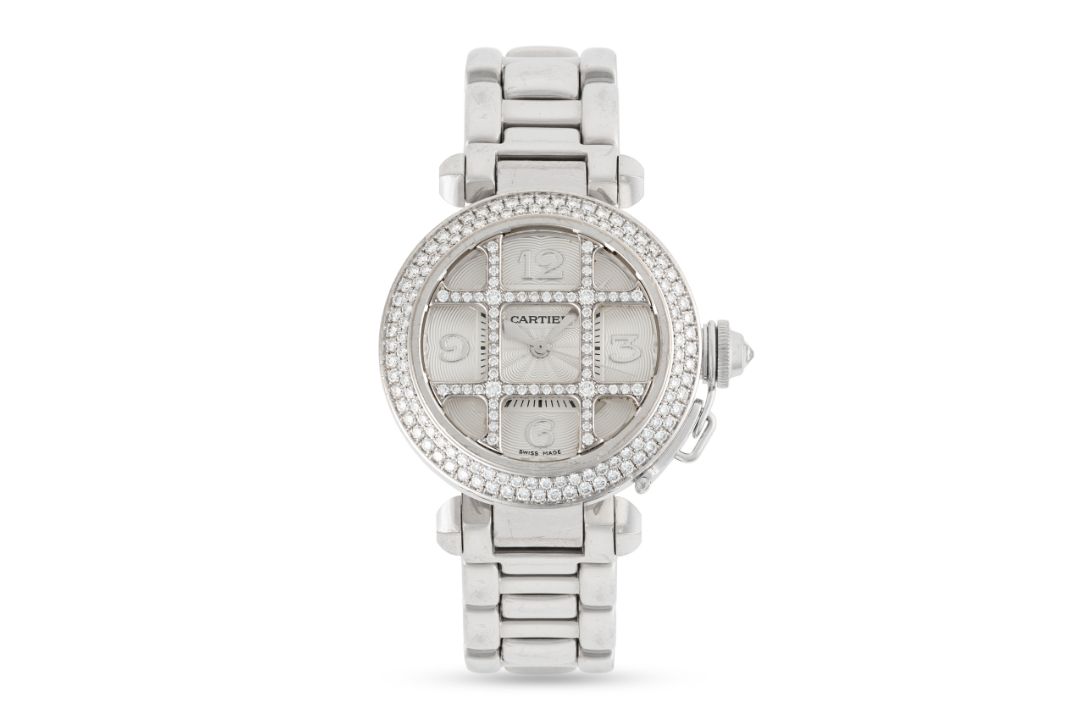 A LADY'S FINE 18K SOLID WHITE GOLD DIAMOND CARTIER PASHA GRILL AUTOMATIC BRACELET WATCH CIRCA - Image 2 of 9
